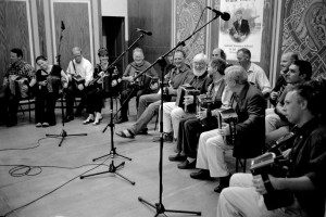 Accordion players being recorded on stage in Hall an Phobail, Miltown Malbay, Co Clare, 10 July 2003